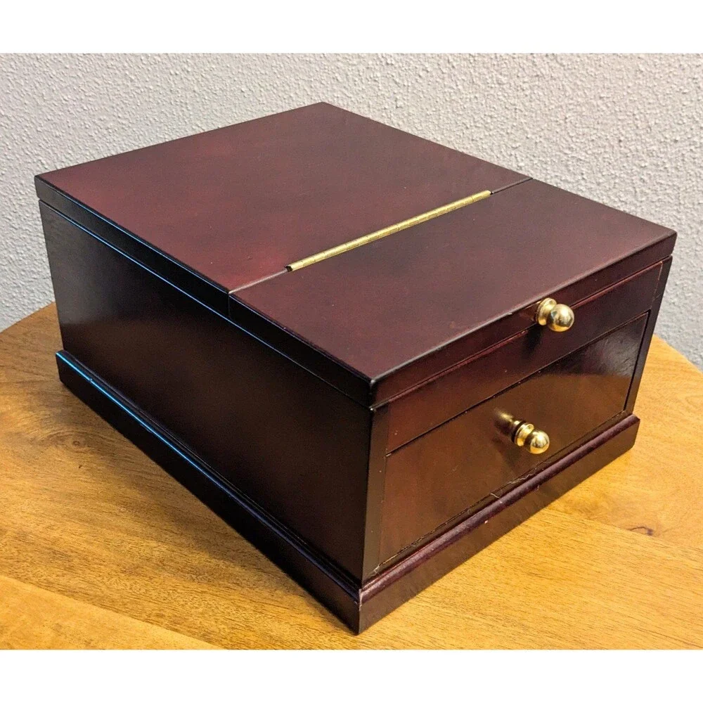 Vintage Solid Wood Jewelry Box Cherry Finish Pink Velvet Lining Flip Up Mirror